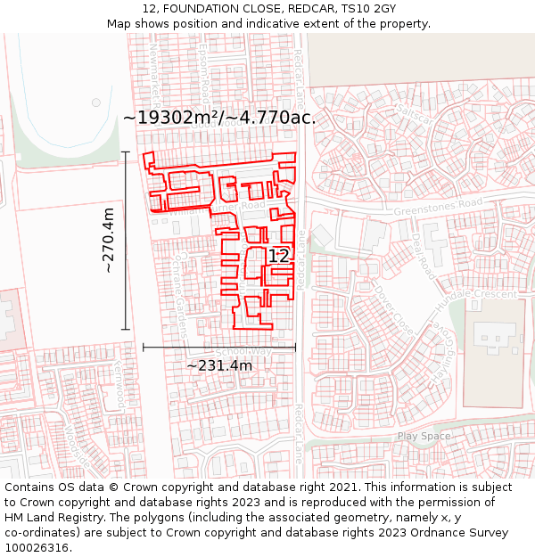 12, FOUNDATION CLOSE, REDCAR, TS10 2GY: Plot and title map