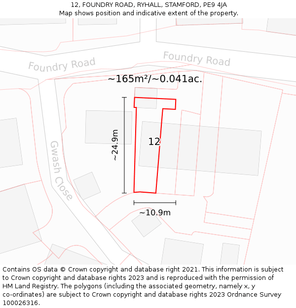 12, FOUNDRY ROAD, RYHALL, STAMFORD, PE9 4JA: Plot and title map