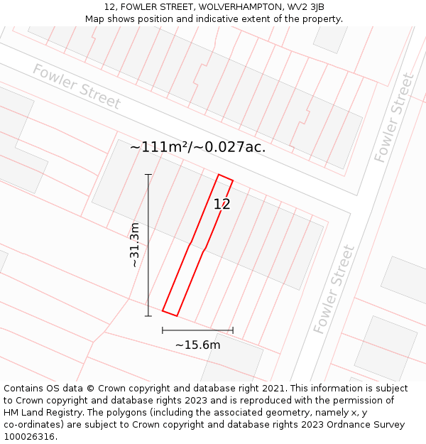 12, FOWLER STREET, WOLVERHAMPTON, WV2 3JB: Plot and title map