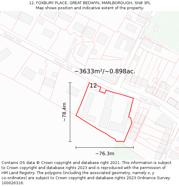 12, FOXBURY PLACE, GREAT BEDWYN, MARLBOROUGH, SN8 3PL: Plot and title map