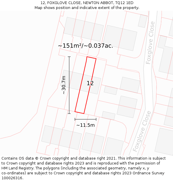 12, FOXGLOVE CLOSE, NEWTON ABBOT, TQ12 1ED: Plot and title map