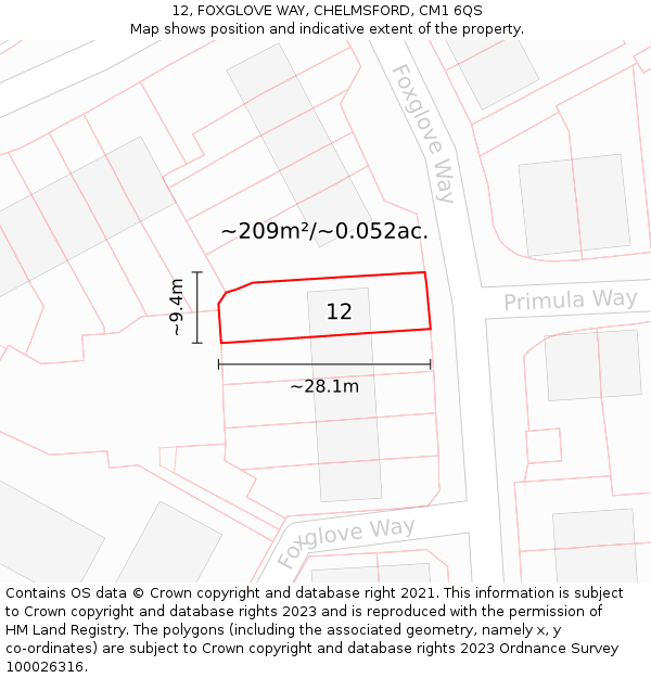 12, FOXGLOVE WAY, CHELMSFORD, CM1 6QS: Plot and title map
