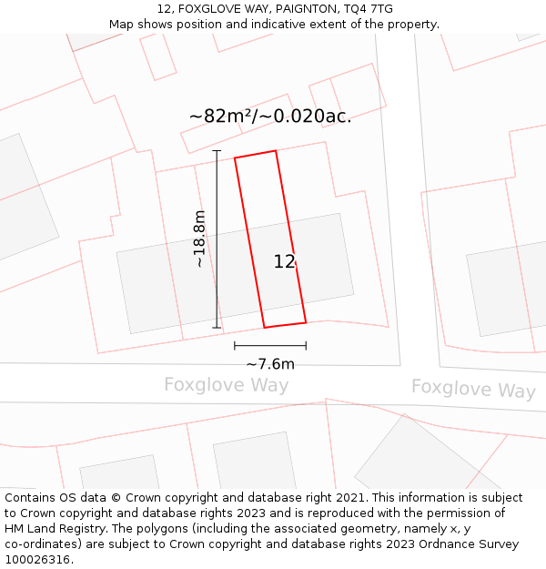 12, FOXGLOVE WAY, PAIGNTON, TQ4 7TG: Plot and title map