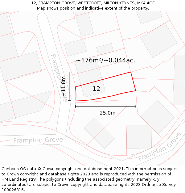 12, FRAMPTON GROVE, WESTCROFT, MILTON KEYNES, MK4 4GE: Plot and title map