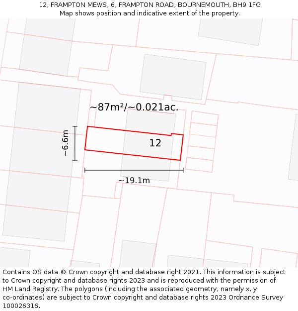 12, FRAMPTON MEWS, 6, FRAMPTON ROAD, BOURNEMOUTH, BH9 1FG: Plot and title map