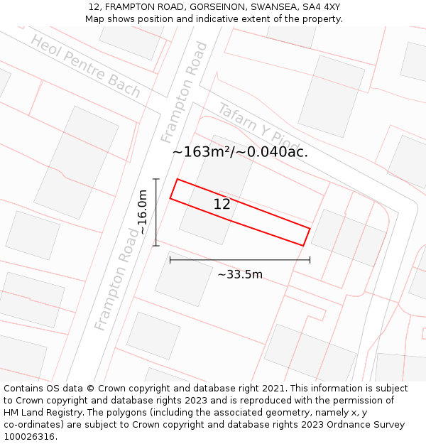 12, FRAMPTON ROAD, GORSEINON, SWANSEA, SA4 4XY: Plot and title map