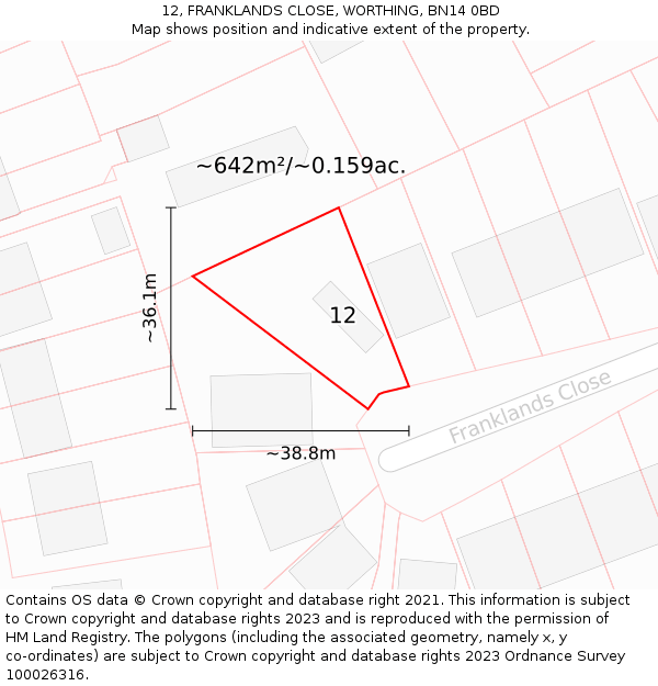 12, FRANKLANDS CLOSE, WORTHING, BN14 0BD: Plot and title map