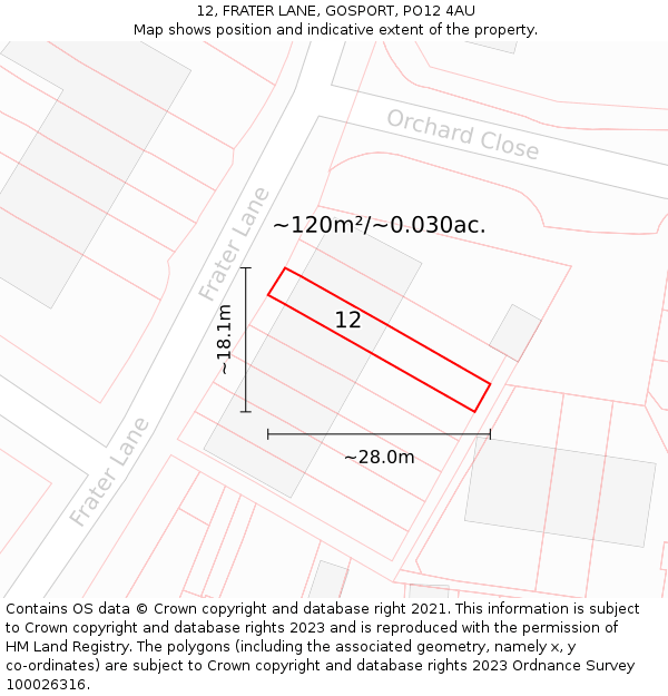 12, FRATER LANE, GOSPORT, PO12 4AU: Plot and title map