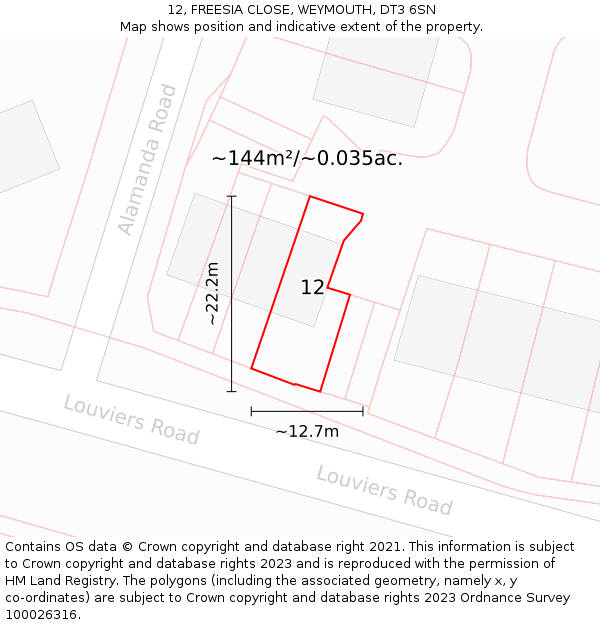 12, FREESIA CLOSE, WEYMOUTH, DT3 6SN: Plot and title map