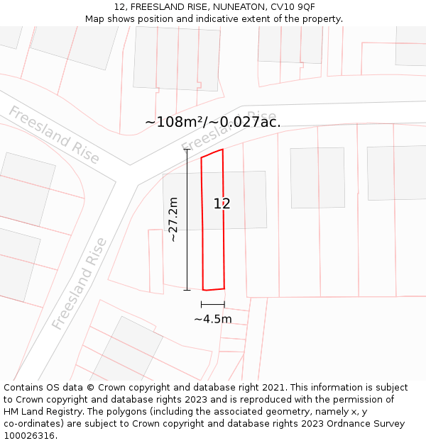 12, FREESLAND RISE, NUNEATON, CV10 9QF: Plot and title map
