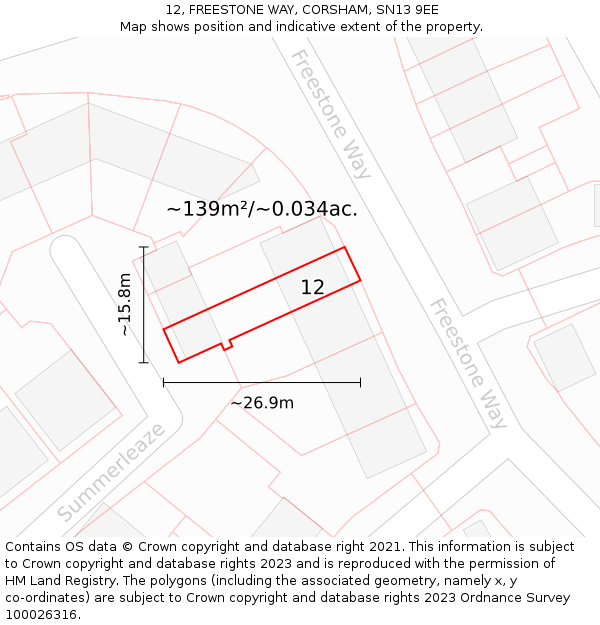12, FREESTONE WAY, CORSHAM, SN13 9EE: Plot and title map