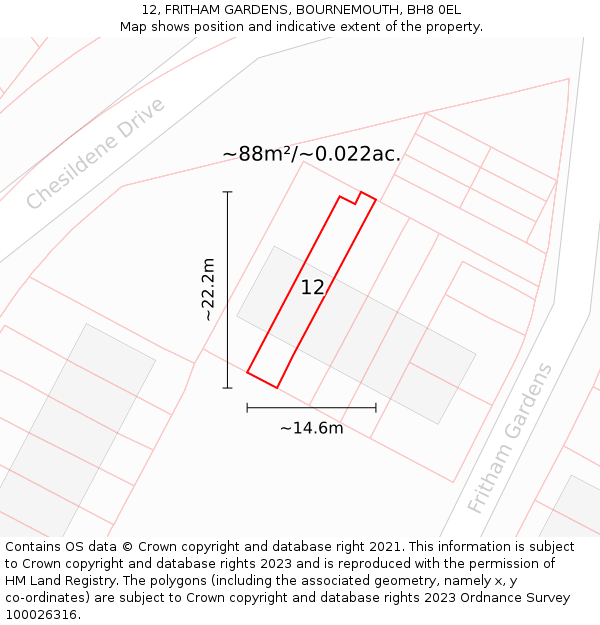 12, FRITHAM GARDENS, BOURNEMOUTH, BH8 0EL: Plot and title map