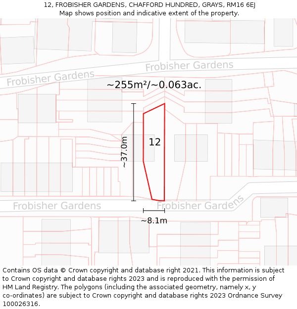 12, FROBISHER GARDENS, CHAFFORD HUNDRED, GRAYS, RM16 6EJ: Plot and title map