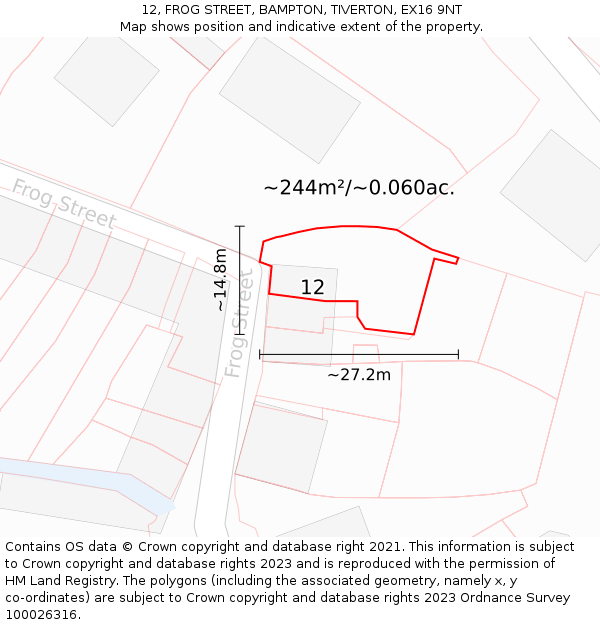 12, FROG STREET, BAMPTON, TIVERTON, EX16 9NT: Plot and title map