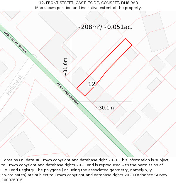 12, FRONT STREET, CASTLESIDE, CONSETT, DH8 9AR: Plot and title map