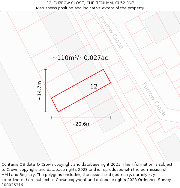 12, FURROW CLOSE, CHELTENHAM, GL52 3NB: Plot and title map