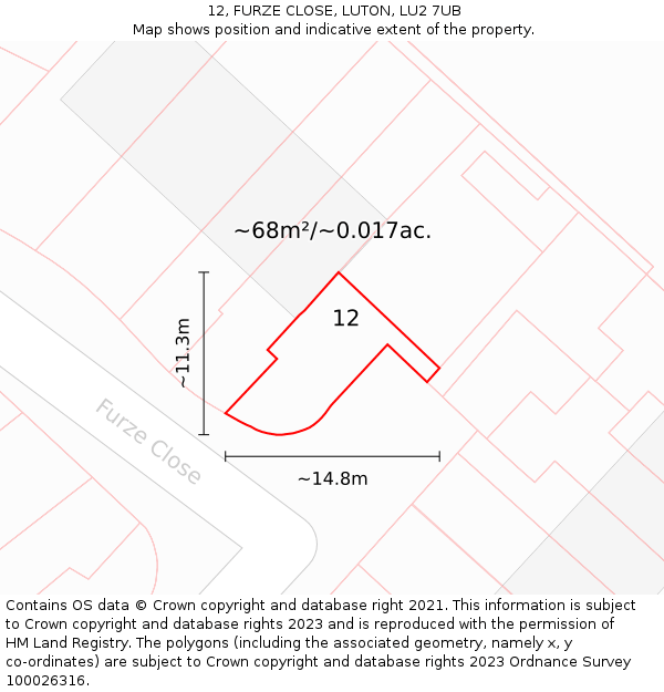 12, FURZE CLOSE, LUTON, LU2 7UB: Plot and title map