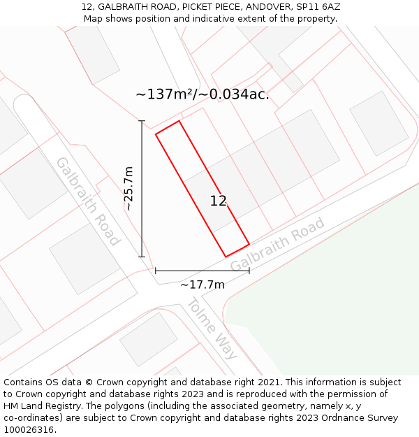 12, GALBRAITH ROAD, PICKET PIECE, ANDOVER, SP11 6AZ: Plot and title map