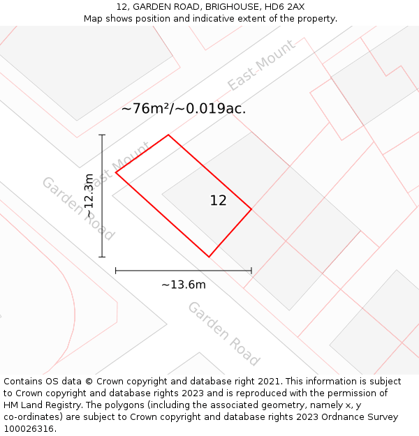 12, GARDEN ROAD, BRIGHOUSE, HD6 2AX: Plot and title map