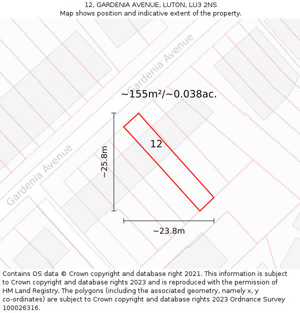 12, GARDENIA AVENUE, LUTON, LU3 2NS: Plot and title map