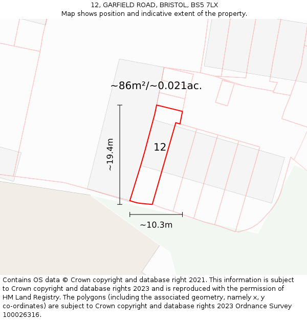 12, GARFIELD ROAD, BRISTOL, BS5 7LX: Plot and title map