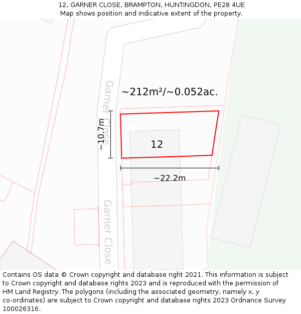 12, GARNER CLOSE, BRAMPTON, HUNTINGDON, PE28 4UE: Plot and title map