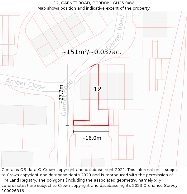 12, GARNET ROAD, BORDON, GU35 0XW: Plot and title map