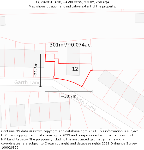 12, GARTH LANE, HAMBLETON, SELBY, YO8 9QA: Plot and title map