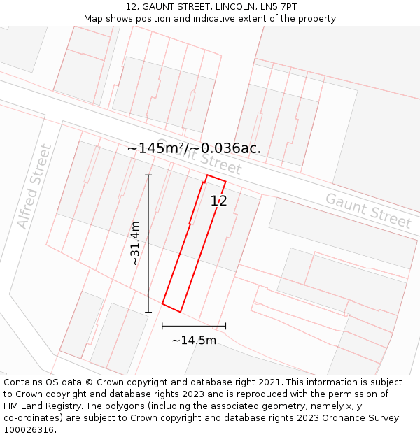 12, GAUNT STREET, LINCOLN, LN5 7PT: Plot and title map