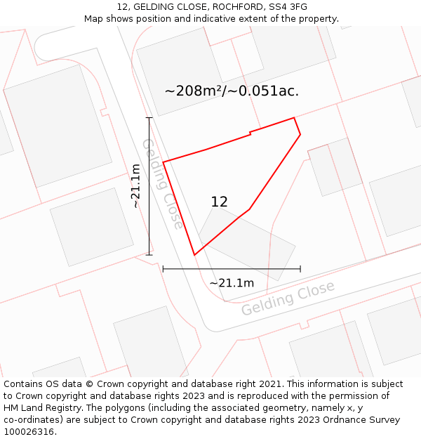 12, GELDING CLOSE, ROCHFORD, SS4 3FG: Plot and title map