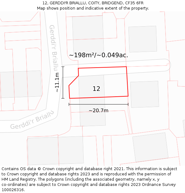 12, GERDDI'R BRIALLU, COITY, BRIDGEND, CF35 6FR: Plot and title map