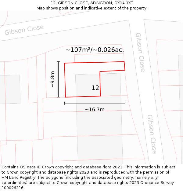 12, GIBSON CLOSE, ABINGDON, OX14 1XT: Plot and title map