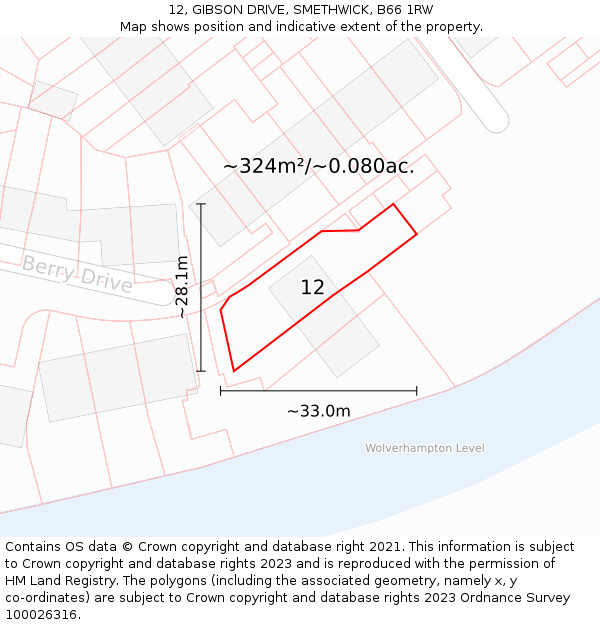 12, GIBSON DRIVE, SMETHWICK, B66 1RW: Plot and title map