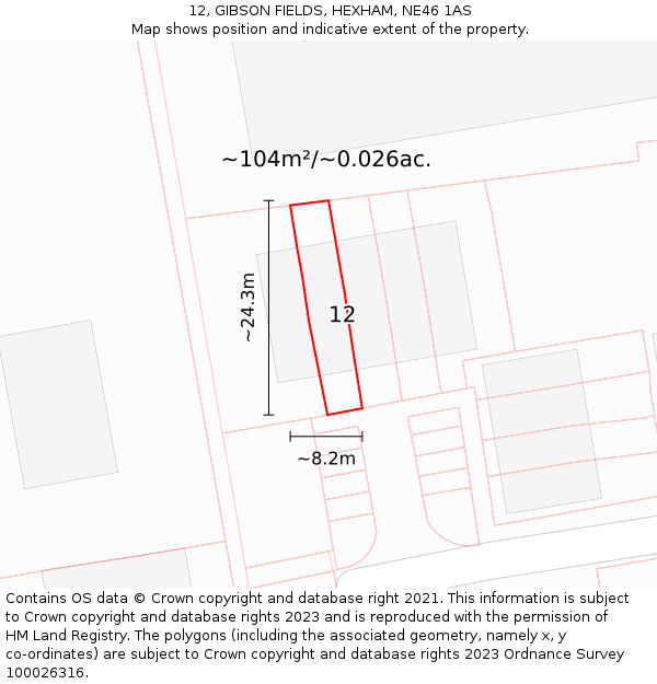 12, GIBSON FIELDS, HEXHAM, NE46 1AS: Plot and title map