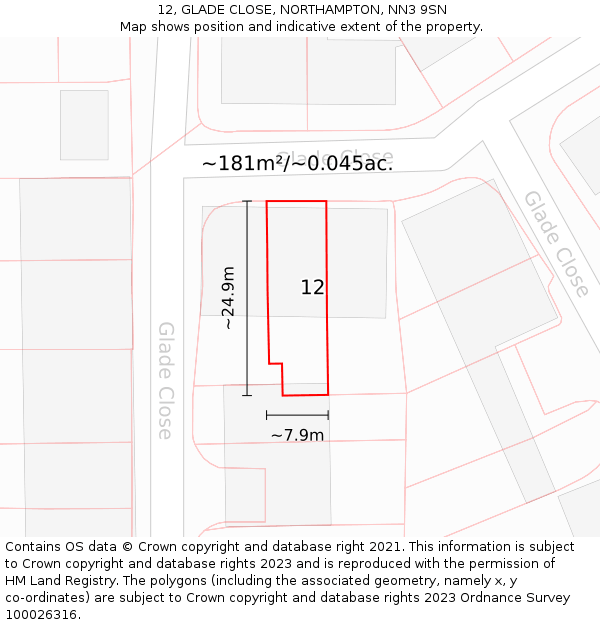 12, GLADE CLOSE, NORTHAMPTON, NN3 9SN: Plot and title map