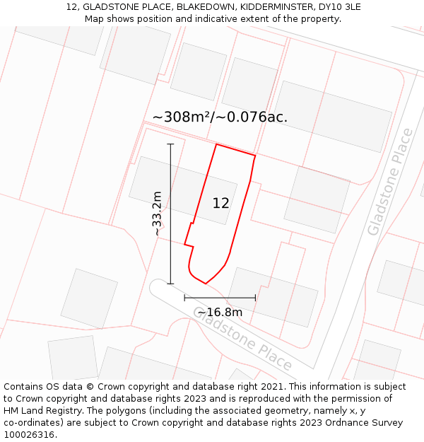 12, GLADSTONE PLACE, BLAKEDOWN, KIDDERMINSTER, DY10 3LE: Plot and title map