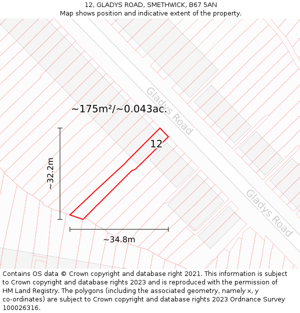 12, GLADYS ROAD, SMETHWICK, B67 5AN: Plot and title map