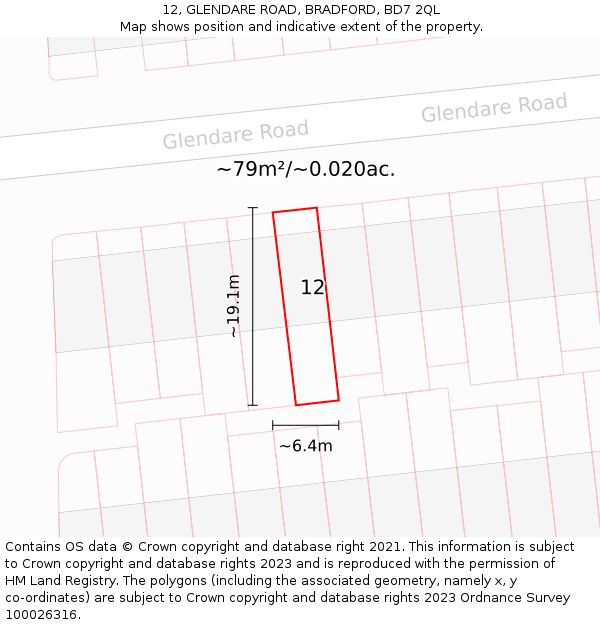 12, GLENDARE ROAD, BRADFORD, BD7 2QL: Plot and title map