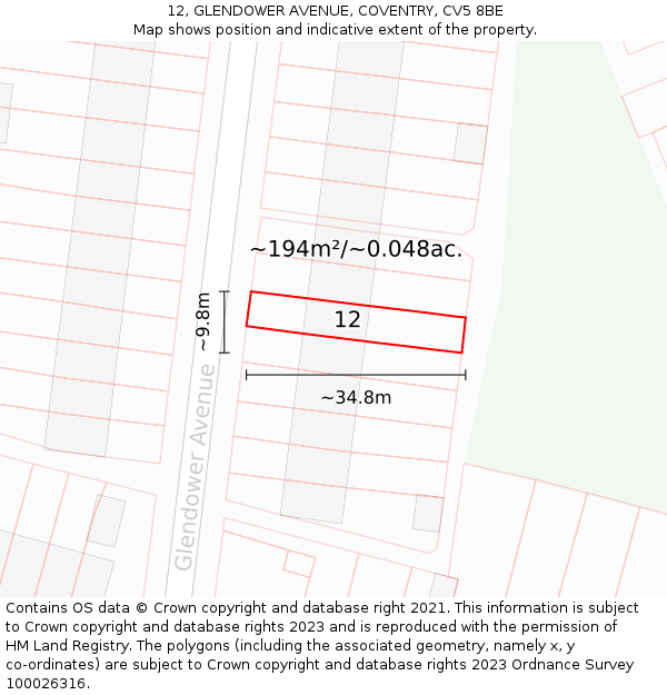 12, GLENDOWER AVENUE, COVENTRY, CV5 8BE: Plot and title map