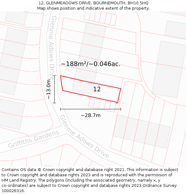 12, GLENMEADOWS DRIVE, BOURNEMOUTH, BH10 5HQ: Plot and title map