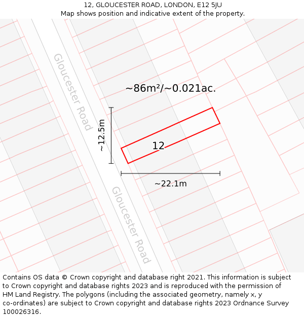 12, GLOUCESTER ROAD, LONDON, E12 5JU: Plot and title map