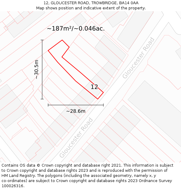 12, GLOUCESTER ROAD, TROWBRIDGE, BA14 0AA: Plot and title map