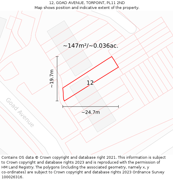 12, GOAD AVENUE, TORPOINT, PL11 2ND: Plot and title map
