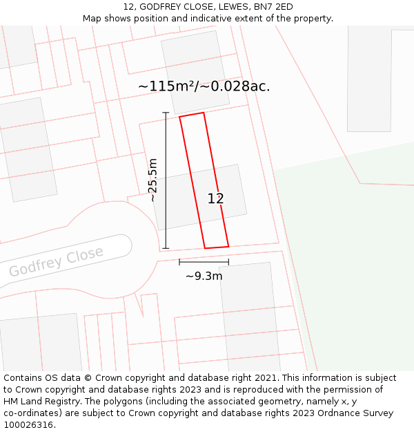 12, GODFREY CLOSE, LEWES, BN7 2ED: Plot and title map