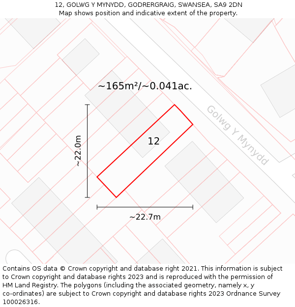12, GOLWG Y MYNYDD, GODRERGRAIG, SWANSEA, SA9 2DN: Plot and title map