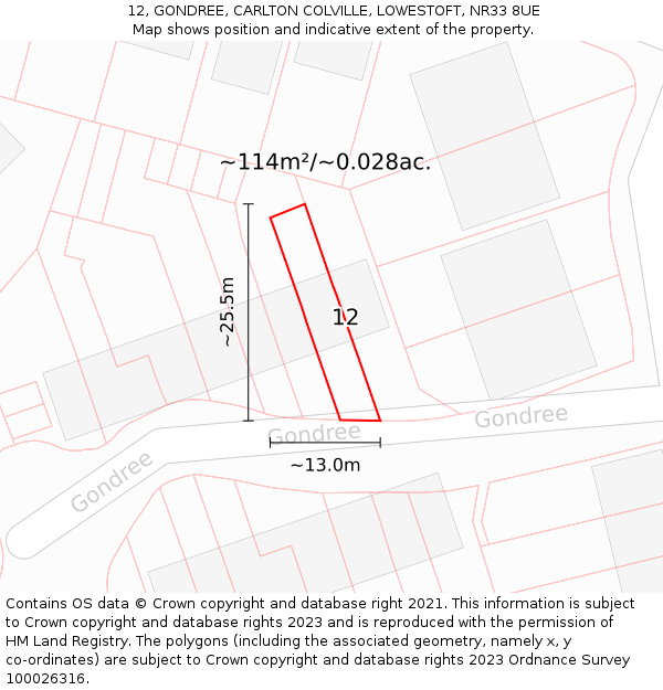 12, GONDREE, CARLTON COLVILLE, LOWESTOFT, NR33 8UE: Plot and title map