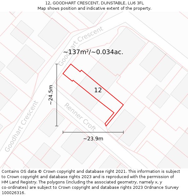 12, GOODHART CRESCENT, DUNSTABLE, LU6 3FL: Plot and title map
