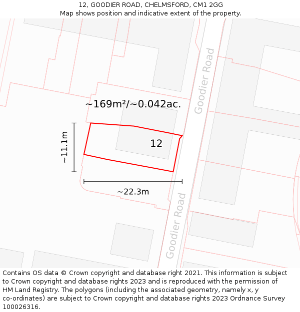 12, GOODIER ROAD, CHELMSFORD, CM1 2GG: Plot and title map
