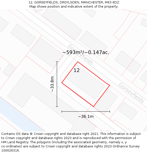 12, GORSEYFIELDS, DROYLSDEN, MANCHESTER, M43 6DZ: Plot and title map