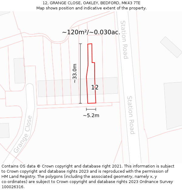 12, GRANGE CLOSE, OAKLEY, BEDFORD, MK43 7TE: Plot and title map